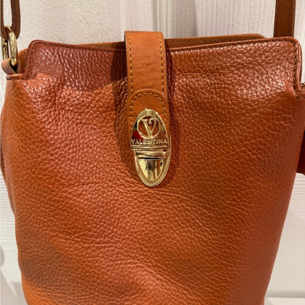 Valentina Pebbled Leather Crossbody in Cognac